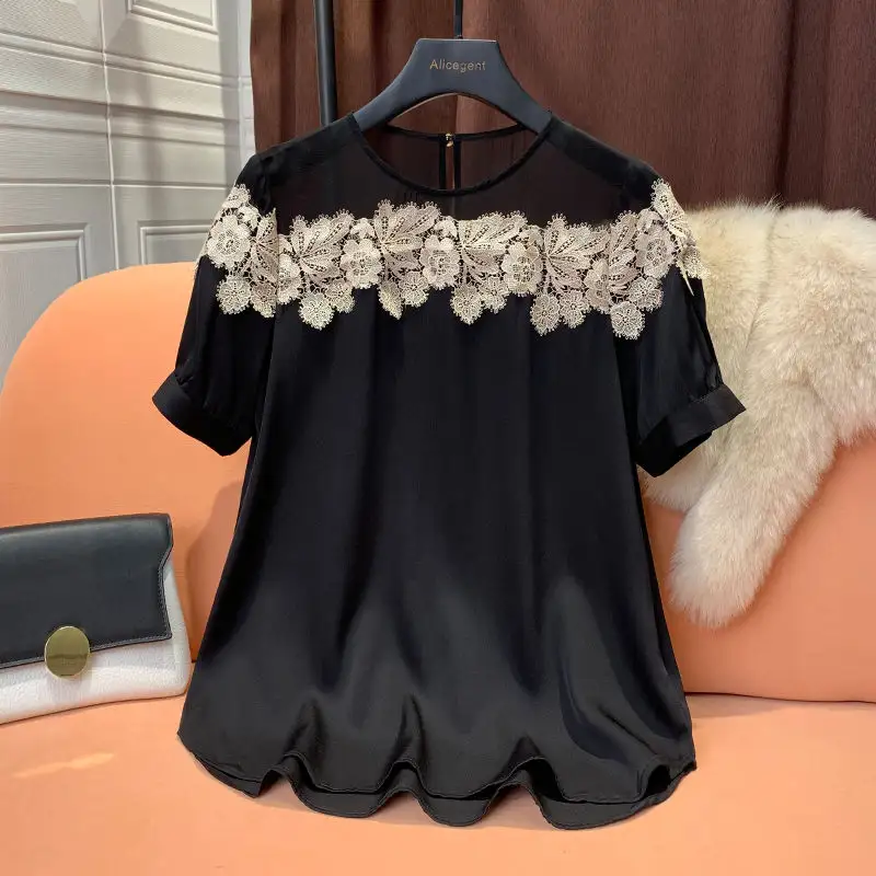 Short Sleeve Women Lace Patchwork O-Neck T-shirt 2022 Summer New Fashion Loose Top Office Lady Casual Wear