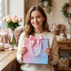 Luxury Custom Pink Blue Gradient Paper <b>Gift</b> Bag with Ribbon <b>Bow</b> for Wedding Birthday Party Wholesale Factory Price - Product Image 2