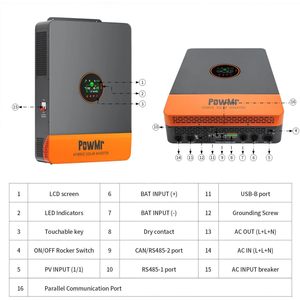 Para inversor solar PowMr 10000W con 48V a 120V/240V AC fase dividida UL1741 10KW inversor 200Amp MPPT controlador de carga Dual - Product Image 1