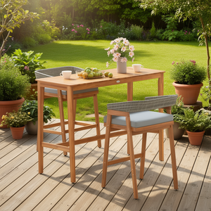 Ensemble de bar de jardin en teck, hauteur comptoir, 3 pièces, avec tabourets de bar rembourrés - Product Image 2