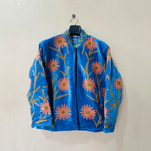 Luxury Blue <b>Velvet</b> Floral Embroidered Suzani <b>Jacket</b> Full Sleeve Stand Collar Handmade Bohemian <b>Women</b> Winter Outerwear - Product Image 1