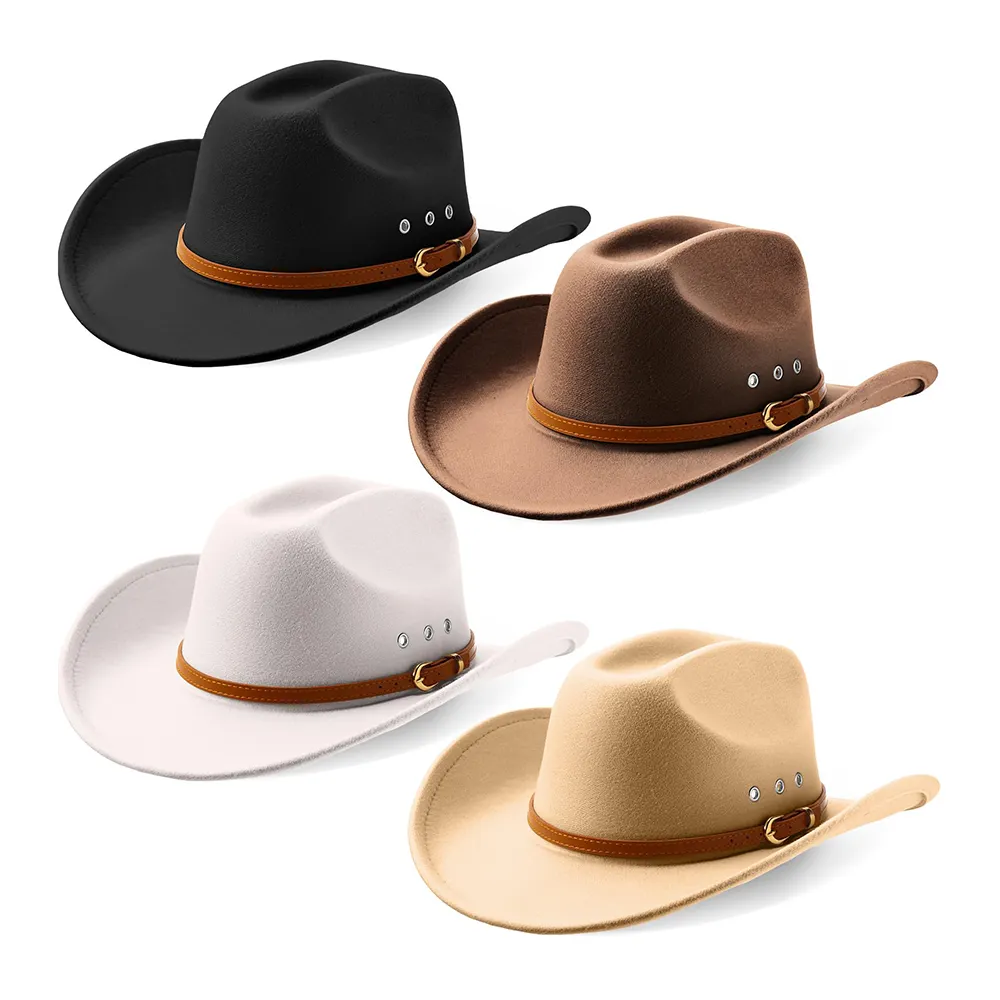 Adembenemende 4 Stuks Cowboyhoed Voelde Brede Rand Cowgirl Hoeden Met Riem Klassieke Outdoor Westernhoeden Voor Dames Heren Volwassenen