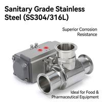 Vanne à boisseau sphérique pneumatique ACKO 3 voies à raccord rapide sanitaire en acier inoxydable pour l'eau, commande par collier rapide, OEM disponible