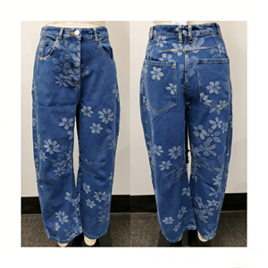 Vaqueros con estampado de flores azules de estilo literario retro para mujer, pantalones de pierna ancha rectos y holgados de verano - Product Image 3