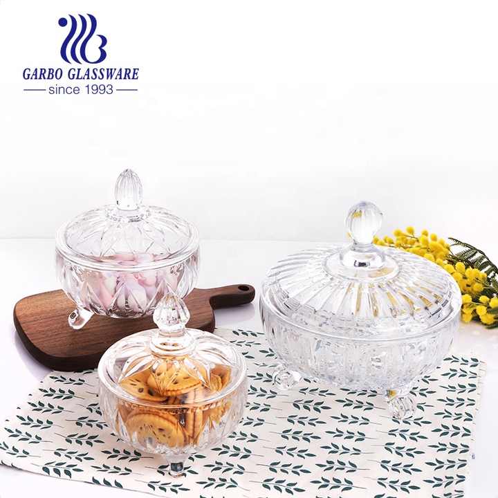 China Wholesale high white engraved crystal clear with lid sugar pot sugar bowl glassware candy sweet food storage glass jars