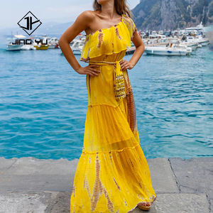 Nouvelle robe décontractée à imprimé plage jaune à volants à une épaule sur mesure confortable en soie Bardot maxi robe - Product Image 1