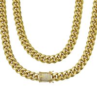 Chaîne maille cubaine Miami en acier inoxydable plaqué or 14K de 6mm à 14mm avec fermoir CZ serti de zircons, bijoux hip-hop pour hommes, en stock usine