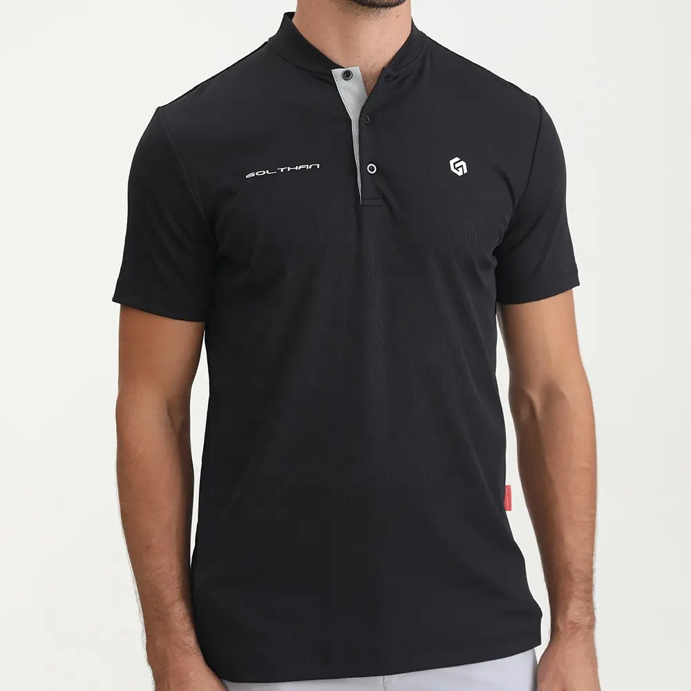 사용자 정의 남성 새로운 디자인 만다린 칼라 자수 고무 실리콘 로고 스포츠 호흡 슬림 핏 단색 골프 폴로 티셔츠