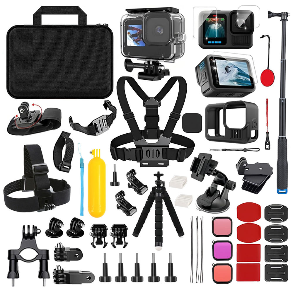 HONGDAK Action Cameras Accessories Kit 55 in 1 Selfie Stick Set for GoPro Hero 13 Waterproof Case Accessories Kit