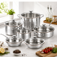 Gehämmertes Edelstahl-Kochgeschirr-Set 12-teilig 5-lagiger Kupferkern Töpfe und Pfannen Set für Küche Kochen Ungiftig Spülmaschinenfest