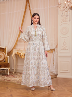 Élégante Robe Longue Maxi Musulmane Brodée de Paillettes Florales, Col Montant, Ceinture à Pompons, Manches Longues, Longueur Cheville, Idéale pour les Fêtes