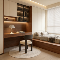 Ensemble de chambre à coucher moderne en bois avec lit de taille standard et rangements, options personnalisables pour hôtels et appartements