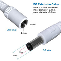 Cable de alimentación de enchufe de CC blanco personalizado de fábrica 5,5*2,1mm/5,5*2,5mm enchufe macho a enchufe hembra Cable de extensión de conector de CC para CCTV
