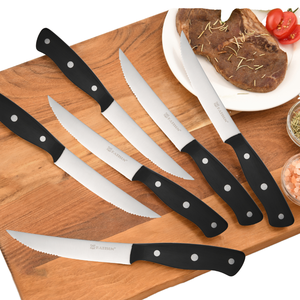 Ensemble de 8 couteaux à steak dentelés ambidextres de haute qualité, faits à la main, avec manche en POM noir, lame en acier carbone, compatibles lave-vaisselle - Product Image 2
