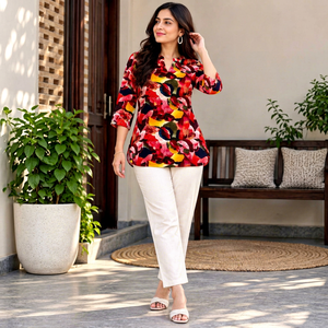 Ensemble décontracté pour femmes, kurta en coton à imprimé floral avec pantalon beige, coupe ample, style Inde Pakistan, vêtements d'été - Product Image 1