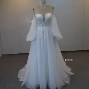 Short Tulle Wedding Dresses V-neck Ivory Half Puff Sleeve A Line 3D Lace Wedding Party Gowns 2023 For Women Short Knee Length