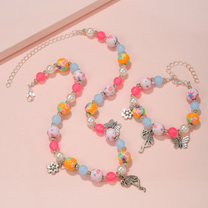 Pendentif de fleur de papillon de flamant rose pour enfants, Bracelet collier de poterie douce, <span class=keywords><strong>boule</strong></span> de perles, ensemble de collier - Product Image 2