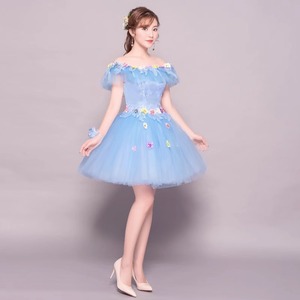 Women's Off Shoulder Floral Tulle Dress Short Stage Performance Gown For Wedding And Arts Exams Blue - Product Image 3