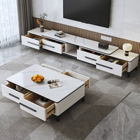Meuble TV et Table Basse Modernes de Luxe en Marbre et Bois, Rétractables avec Rangement, Design Flottant en Pierre pour Salon