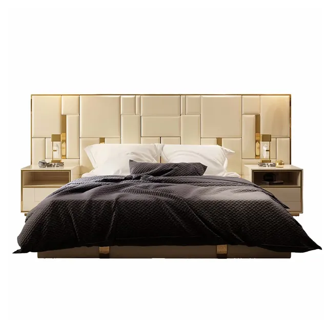 Grand lit de luxe postmoderne en cuir mat Art chambre principale sac souple lit Double Style italien lit grand écran à dossier haut