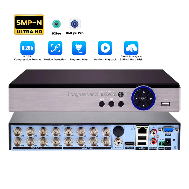 Hongnaer 5MP-N H.265 XVI/AHD/TVI/CVI/CVBS/IP 6 in 1 Wire AHD DVR XMEye Pro ICSee Analog CCTV 16 Channel Digital Video Recorder