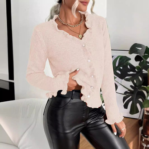 Women's Ruffled Ribbed Knit <b>Cardigan</b> <b>Sweater</b> Fashion - Product Image 2