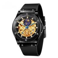 Reloj de Pulsera Automático Forsining Royal Style Tourbillon, Reloj Mecánico de Esqueleto para Hombre, Correa de Silicona, Resistente al Agua, con Fase Lunar