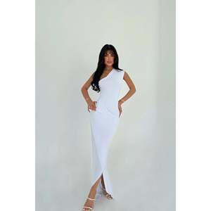 Vestido de Gala Blanco Eldoris con Cintura Imperio de Crochet, Mangas Cortas, Cuello Alto, Lentejuelas y Pedrería para Baile de Graduación o Banquete, Talla XS - Product Image 2