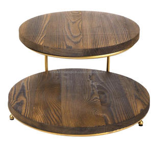 Soporte de madera para pasteles y dulces con plato de madera superior e inferior y soporte metálico de hierro redondo para decoración del hogar - Product Image 1