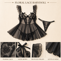 Set Lingerie Hitam Berbahan Lace, Gaun Slip Mesh dengan Ruffle, Pakaian Tidur Transparan untuk Wanita
