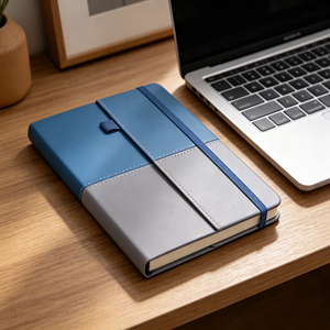 Blue & Grey Two-Tone Hardcover <b>Notebook</b>, PU Leather Journal with Elastic Band & Pen Loop for Office & School - Product Image 4