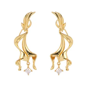 HAIKE Original 925 Sterling Silver Fashion Versatile Gold Plated Zircon Jewelry Feather Style Drop Earring