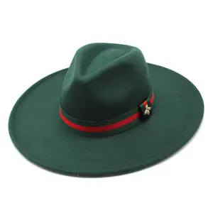 New Arrival Famous Brand Green Red Ribbon Decoration Wide Brim Fedora Hats for Women Lady Men Fashion Dress