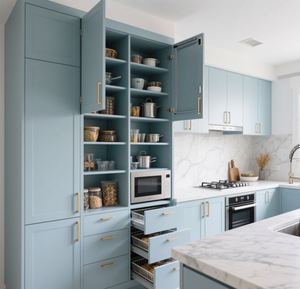 Armoires de cuisine modulaires en forme de L SANTOPOVA bleu clair avec dosseret en marbre et quincaillerie dorée - Product Image 3