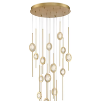 Lustre Jingshi Lighting Gold Star Rain avec disques en cristal, anneaux suspendus décalés pour escalier ou plafond haut