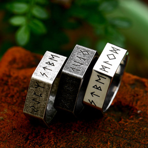 SS8-R230 Nouvelle bague hexagonale en acier inoxydable 316L de style créatif, <span class=keywords><strong>runes</strong></span> vikings nordiques, pour homme, bijoux tendance, cadeau cool pour motard - Product Image 1