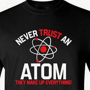 เสื้อยืดแขนสั้นผ้าฝ้ายพิมพ์ลายกราฟิกสำหรับผู้ชายแนววิทยาศาสตร์ "อย่าไว้ใจอะตอม" - Product Image 1