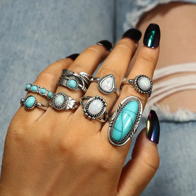 Anello di moda Set di anelli di piume intagliate turchese Set di anelli combinati Bohemia 8 pezzi per gioielli da donna