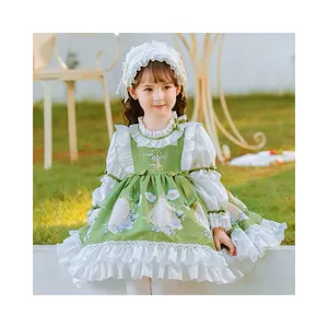 Yalindars green long sleeve o-neck Layered Lolita Girls Dress Comfortable cotton Floral print lace party dress