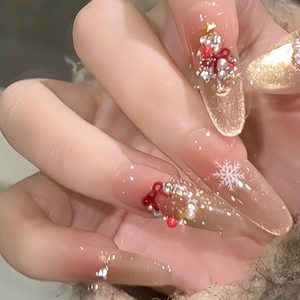 Faux Ongles <span class=keywords><strong>de</strong></span> Noë<span class=keywords><strong>l</strong></span> à Presser, Longs Amande Nude French 3D, Effet Œil <span class=keywords><strong>de</strong></span> Chat Doré Scintillant, pour Femmes, Fêtes et Usage Quotidien - Product Image 3