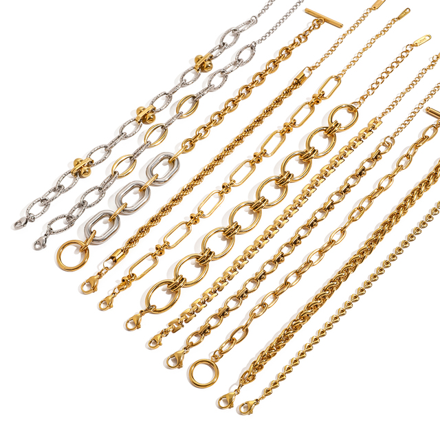 J&D Minimalist Handmade 18K Real Gold Stainless Steel Chain Bracelet Punk Fashion Style Jewelry Bangle