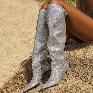 Women Loose Knee High Boots 6.5cm Low Thin Heels <b>Long</b> Booties Denim High-Heeled Ladies Glitter Stiletto Pumps Shoes - Product Image 1