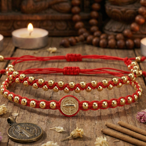 Ensemble de bracelets en cordon rouge Go2boho Saint Benoît, bijoux de poignet chrétiens en <span class=keywords><strong>macramé</strong></span> perlé doré - Product Image 1