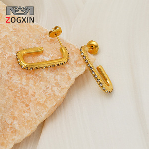 Zogxin U-Shaped Gold Stud Earrings With Diamond Inlay Geometric Design For Women Fashion Jewelry - Product Image 1