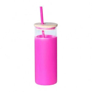 Gobelets en verre colorés avec couvercle en bambou et paille, design solide, style minimaliste, pour boissons froides, usage unisexe - Product Image 3
