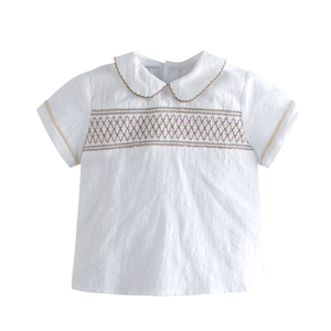 Conjuntos de Ropa de Verano para Bebés y Niños Pequeños, Camisas Bordadas con Cuello Peter Pan y Pantalones Cortos de Lino y Algodón, Estilo Español - Product Image 2