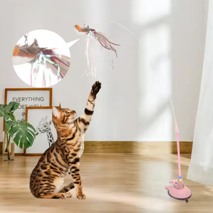 Jouet pour chat rétractable moderne avec plumes colorées et clochettes, jouet interactif pour chat à longue tige avec plumes et plastique - Product Image 1