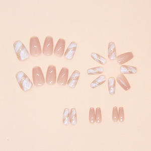Venta al por Mayor de 24 <span class=keywords><strong>Uñas</strong></span> Postizas Reutilizables de ABS, Diseño de Mármol Rosa Nude con Detalles de Láminas Doradas, Forma Cuadrada Brillante, <span class=keywords><strong>Uñas</strong></span> Artificiales - Product Image 2