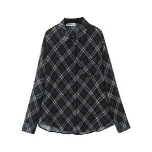 Runqi-Camisa de gasa a cuadros para mujer, talla grande, color negro, manga larga, cuello vuelto, Top informal de verano con protección solar, N9060 - Product Image 1