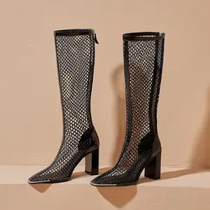  Модные черные длинные летние сапоги до колена на высоком каблуке Женская сетчатая обувь
